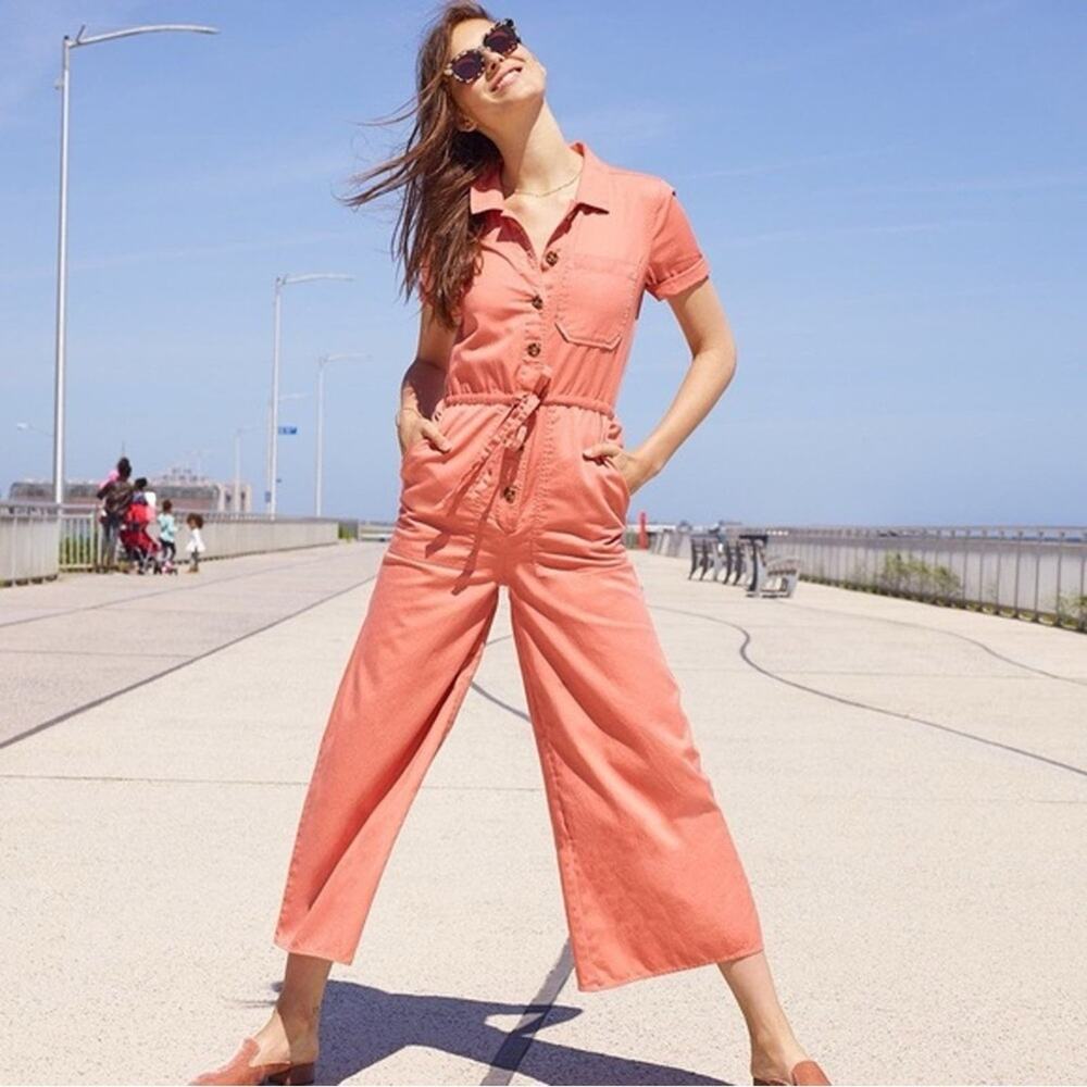 Madewell Wide Leg Utility Jumpsuit Crop Button Front Cotton Pink Size 6